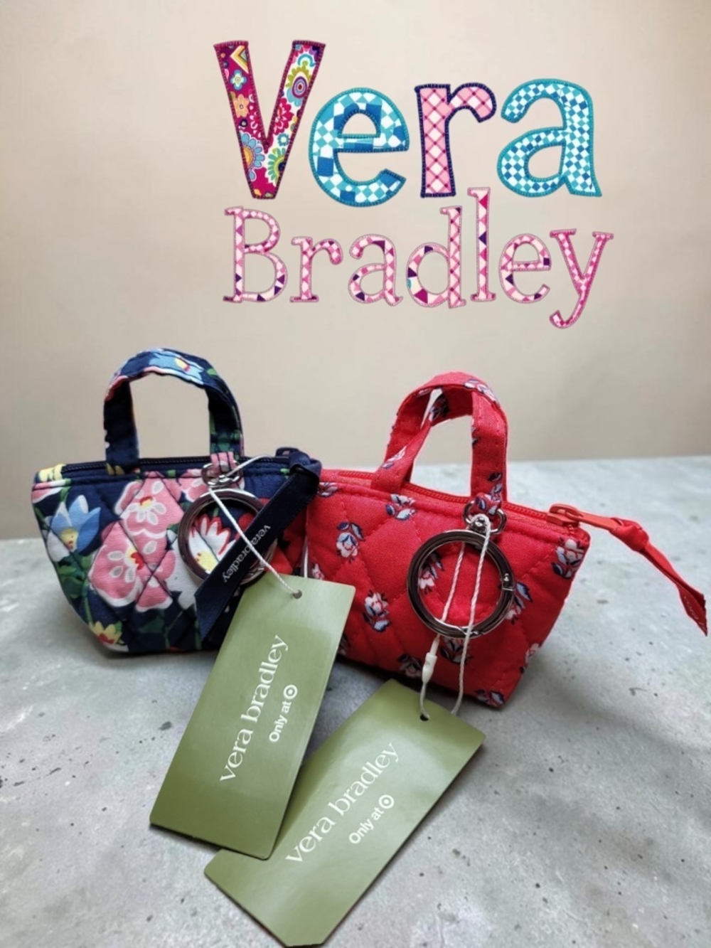 Vera Bradley Quilted Mini Tote Keychain Pair in Red Floral and Navy Floral NWT